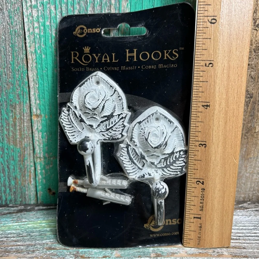 NEW (NOS) In Package WALL HOOKS Solid Brass Rose-Shaped Vintage Distressed